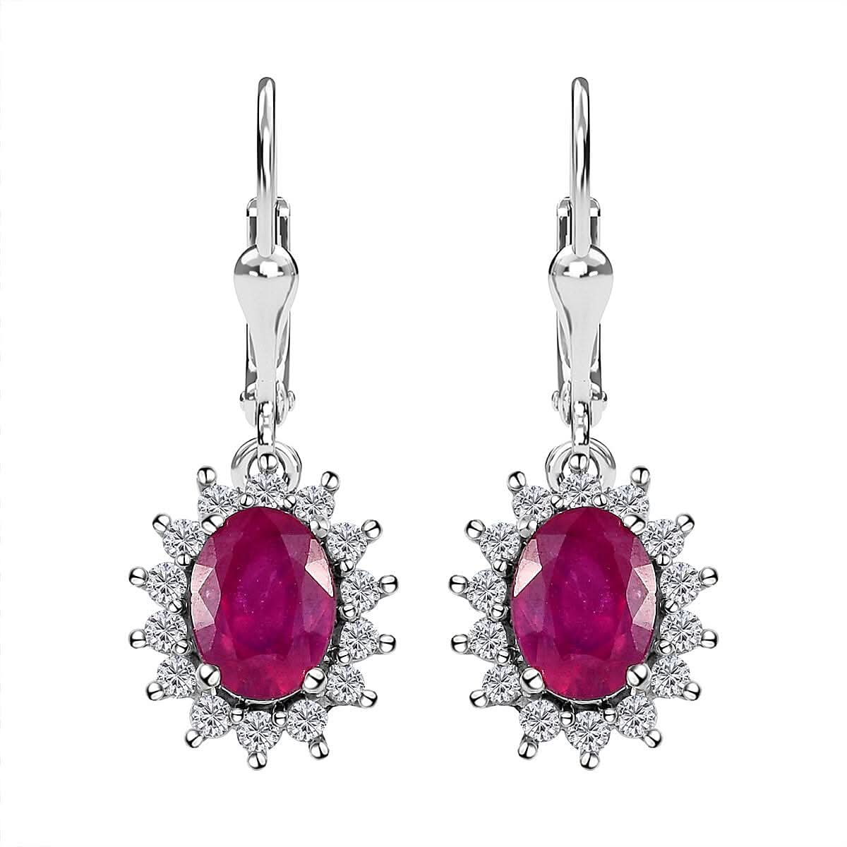 Niassa Ruby and Natural White Zircon Sunburst Lever Back Earrings in Platinum Over Sterling Silver 4.75 ctw