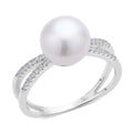 White Freshwater Pearl and Simulated Diamond Split Shank Ring in Rhodium Over Sterling Silver (Size 10.0) 0.25 ctw - Sticky add to cart bar