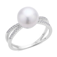 White Freshwater Pearl and Simulated Diamond Split Shank Ring in Rhodium Over Sterling Silver (Size 10.0) 0.25 ctw