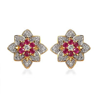 Premium Montepuez Ruby and White Zircon Floral Stud Earrings in Vermeil Yellow Gold Over Sterling Silver 2.00 ctw