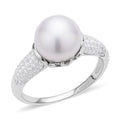 White Freshwater Pearl and Simulated Diamond Ring in Rhodium Over Sterling Silver 0.15 ctw - Sticky add to cart bar