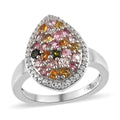 Multi-Tourmaline and Natural White Zircon Pear Shape Cluster Ring in Platinum Over Sterling Silver 1.15 ctw - Sticky add to cart bar