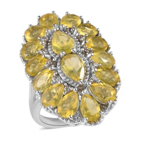 Tanzanian Natural Canary Opal and Natural White Zircon Elongated Ring in Platinum Over Sterling Silver 7.40 Grams 5.35 ctw