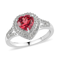 Lab Created Padparadscha Sapphire and White Zircon Heart Double Halo Ring in Platinum Over Sterling Silver 2.25 ctw