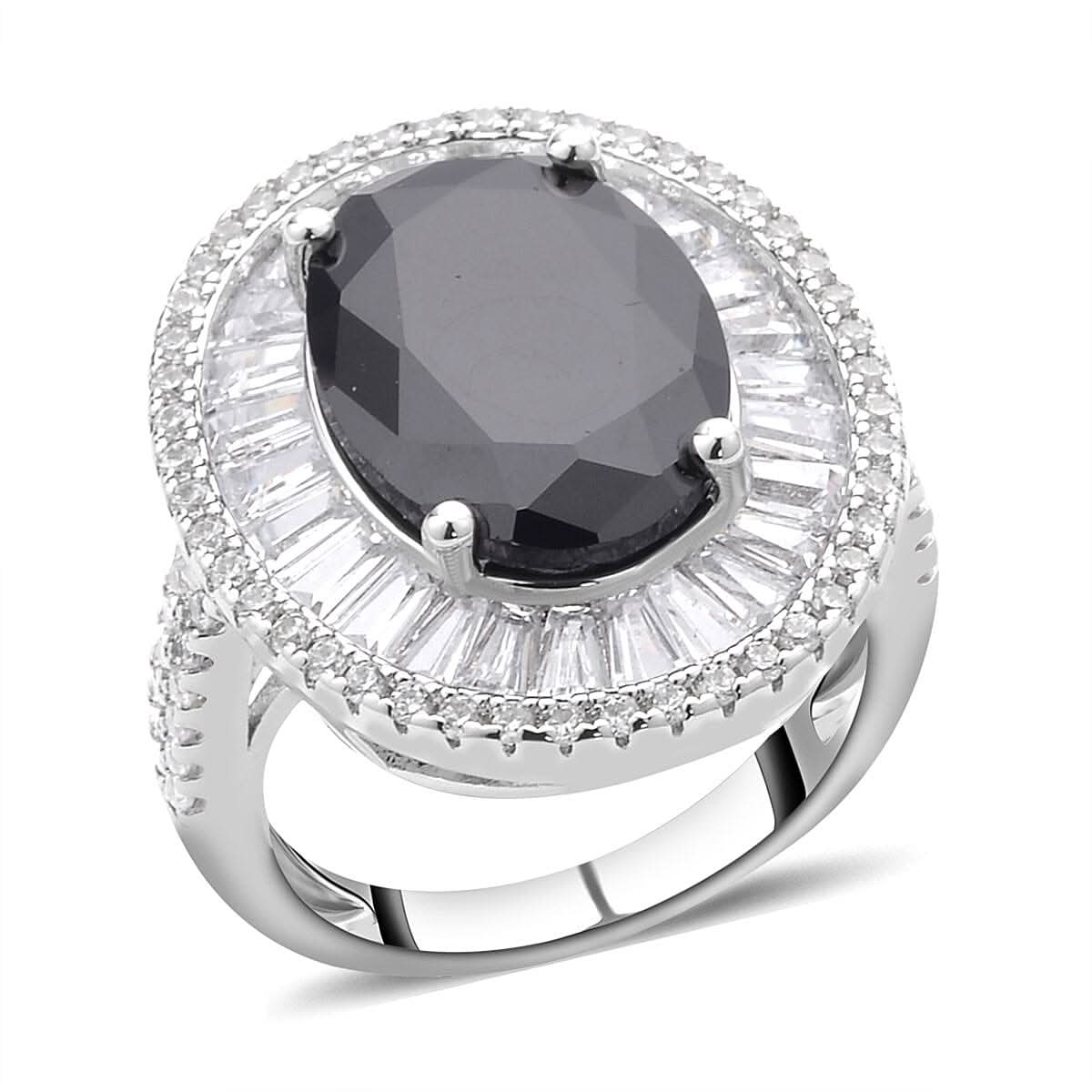 Black and White Simulated Diamond Halo Ring in Silvertone