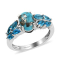 MEMORIAL DAY SPECIAL DEAL Empyrean Blue Turquoise and Malgache Neon Apatite Floral Ring in Platinum Over Sterling Silver 2.00 ctw - Sticky add to cart bar