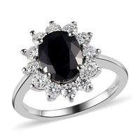 Midnight Sapphire and Moissanite Sunburst Ring in Platinum Over Sterling Silver 3.25 ctw