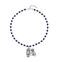 Lapis Lazuli, White and Black Austrian Crystal Owl Couple Necklace 18-20 Inches in Silvertone 90.00 ctw