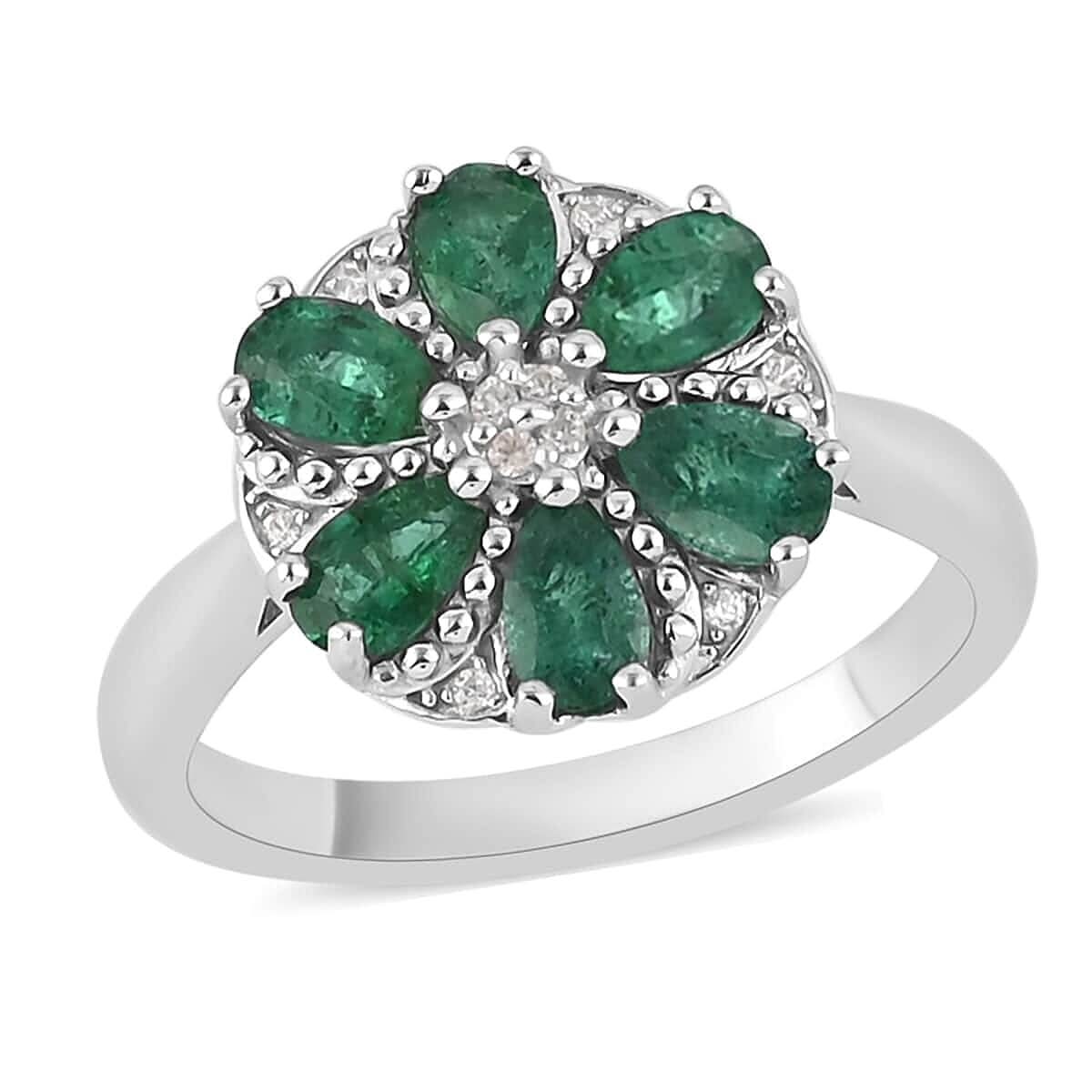 AAA Kagem Zambian Intense Green Emerald, Natural White Zircon Flower Ring in Rhodium Over Sterling Silver (Size 8.0) 1.25 ctw