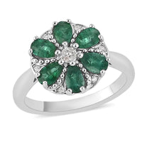 AAA Kagem Zambian Intense Green Emerald, Natural White Zircon Flower Ring in Rhodium Over Sterling Silver (Size 8.0) 1.25 ctw