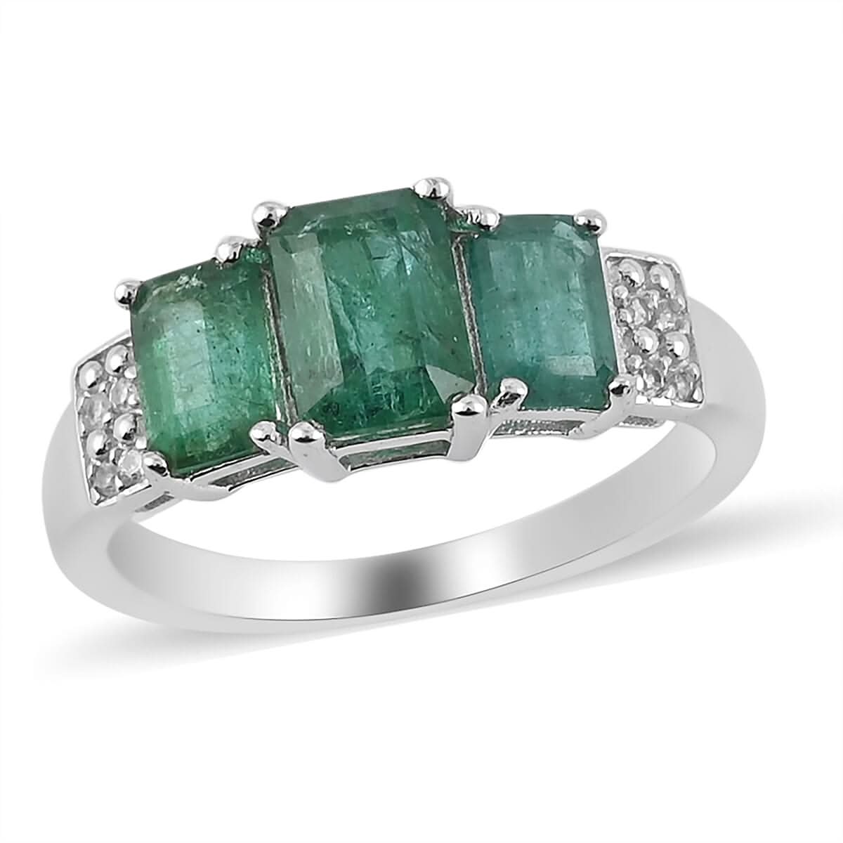 AAA Kagem Zambian Intense Green Emerald, Natural White Zircon 3 Stone Ring in Rhodium Over Sterling Silver (Size 8.0) 2.25 ctw