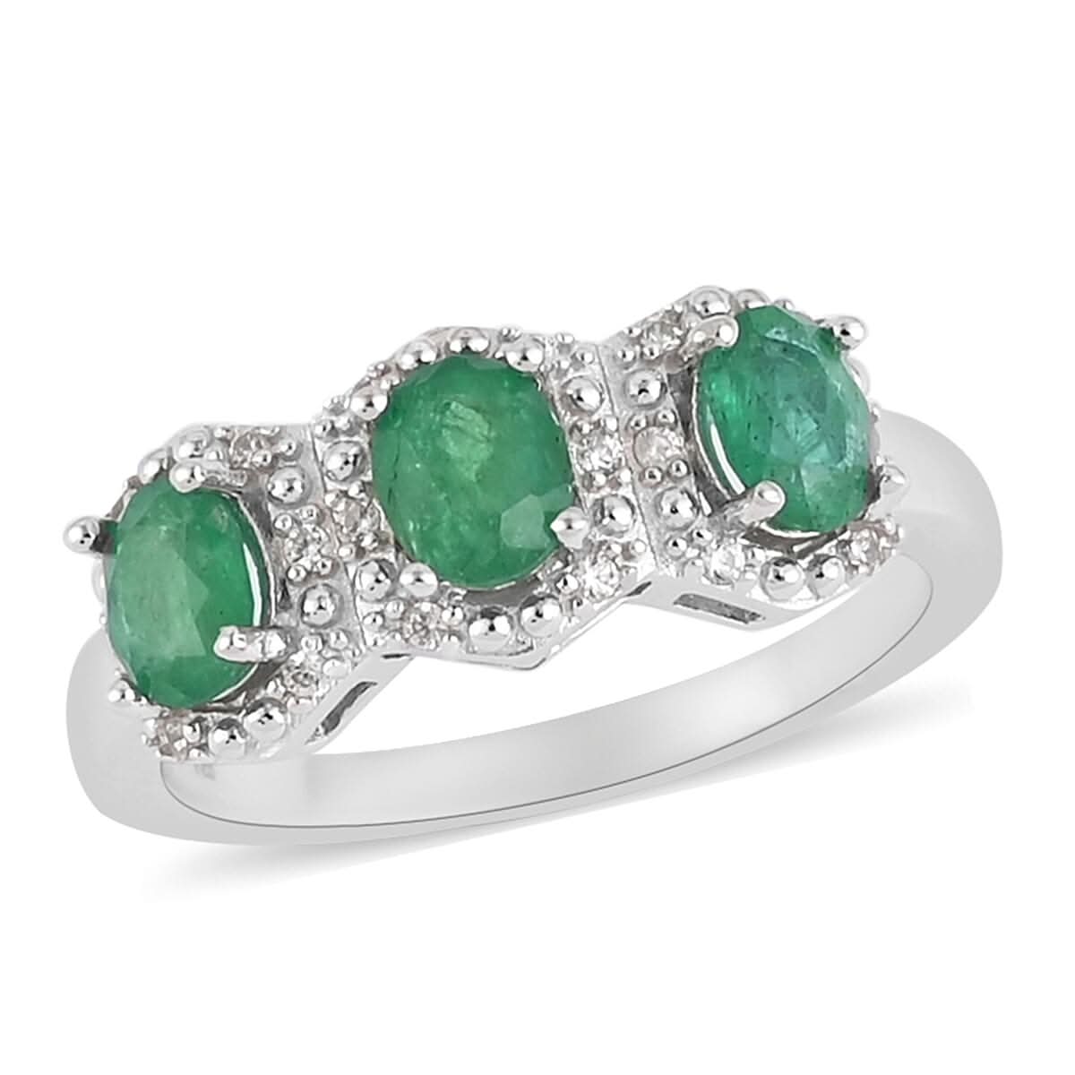AAA Kagem Zambian Intense Green Emerald, Natural White Zircon Ring in Rhodium Over Sterling Silver (Size 6.0) 1.15 ctw
