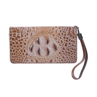 Black Croc Embossed Genuine Leather Wallet (8.3"x1.2"x4.7") with Single Zipped and Handle Drop