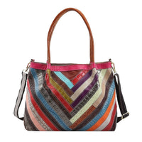 Rainbow Color Chevron Pattern Genuine Leather Tote Bag (14.96"x5.9"x11.81") with Long Strap