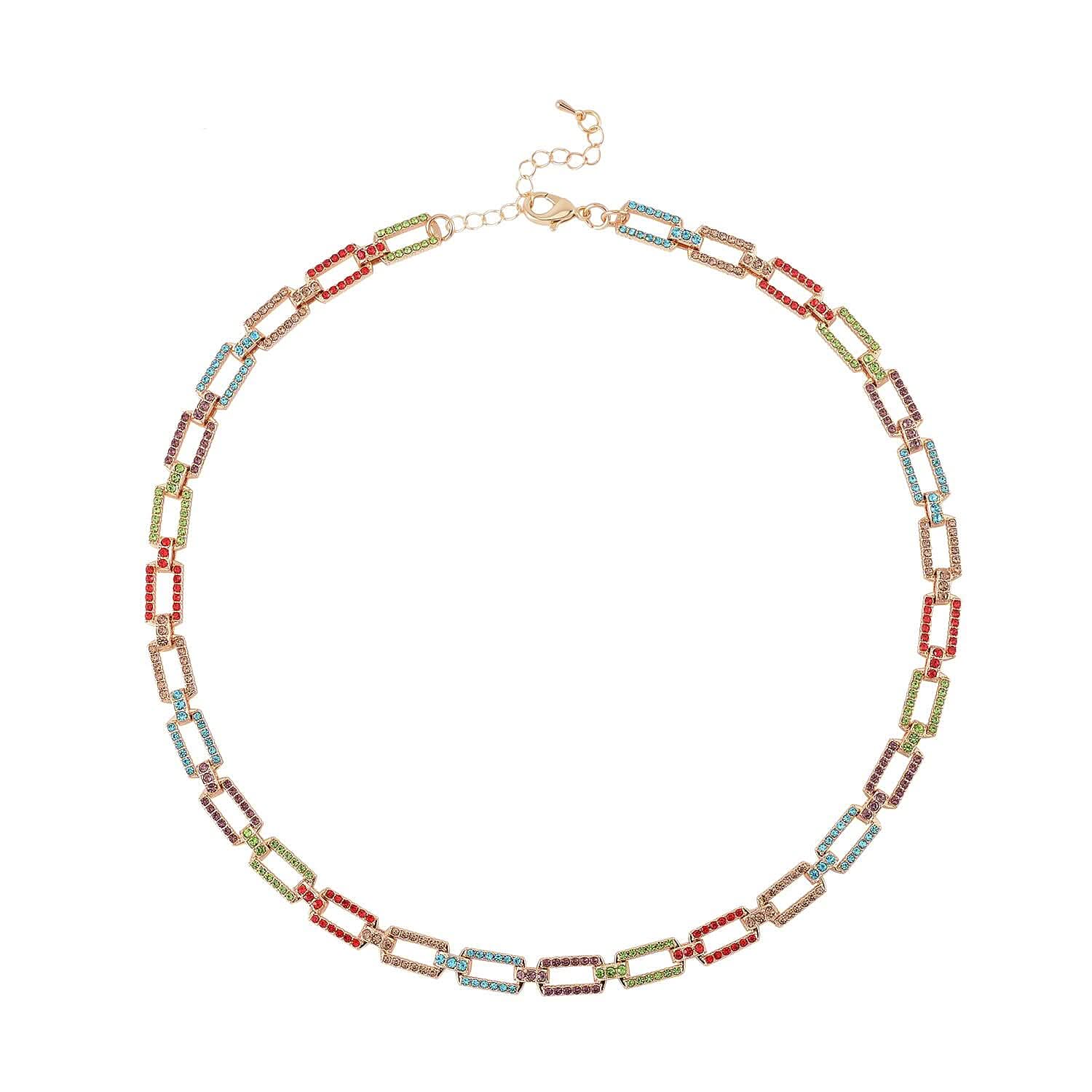 Multi Color Austrian Crystal Link Necklace 20-22 Inches in Goldtone