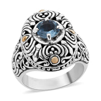 BALI LEGACY Swiss Blue Topaz Floral Ring in 18K Yellow Gold and Sterling Silver (Size 10.0) (11.70 g) 1.50 ctw