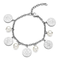 White Shell Pearl Coin Charm Bracelet in Stainless Steel (7.25 In) 1.00 ctw