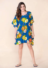 TAMSY Blue Floral Print Staple Kaftan - One Size Fits Most