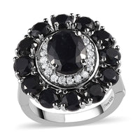 Midnight Sapphire and Natural White Zircon Floral Ring in Platinum Over Sterling Silver 7.50 ctw