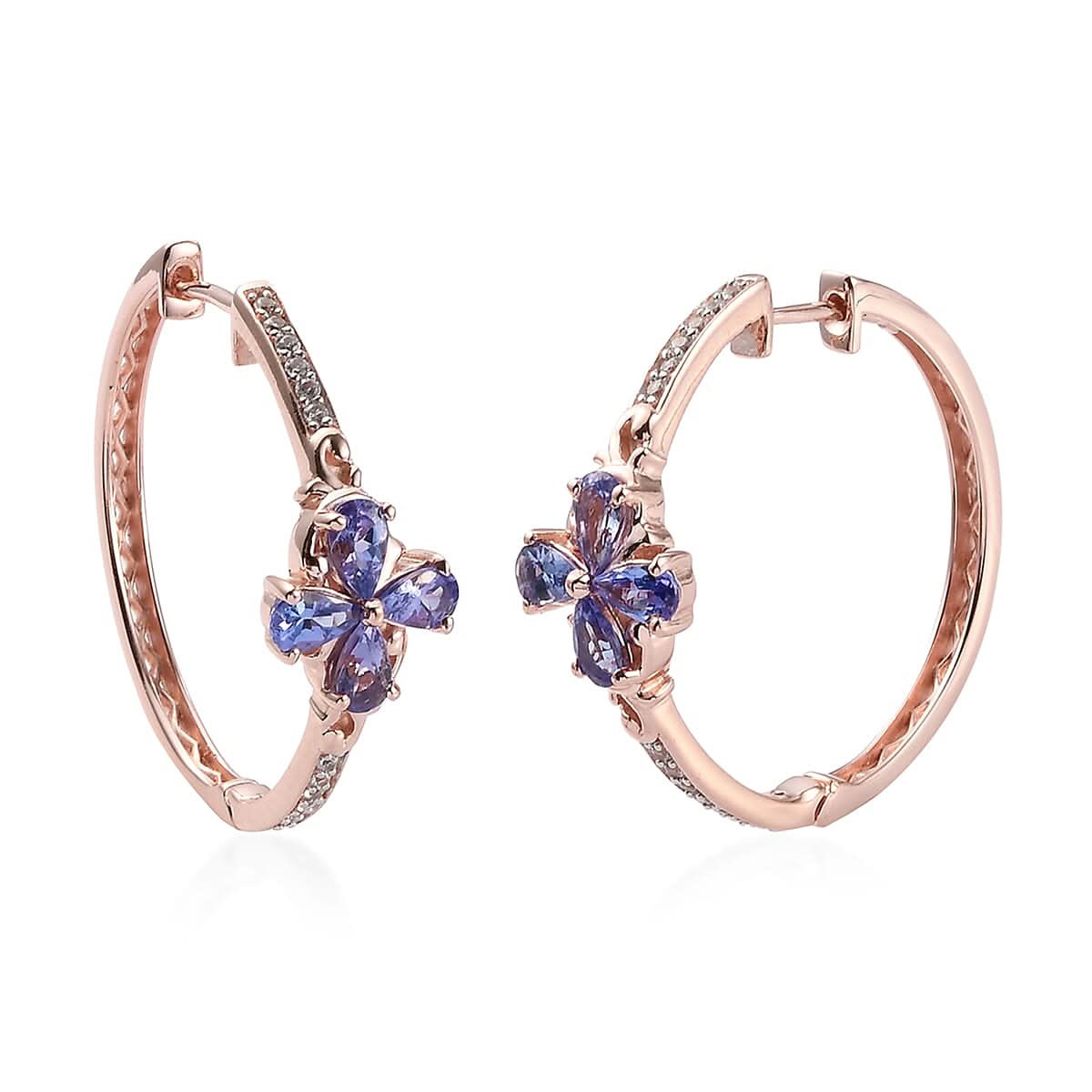 AAA Tanzanite and Natural White Zircon Hoop Earrings in Vermeil Rose Gold Over Sterling Silver 2.00 ctw