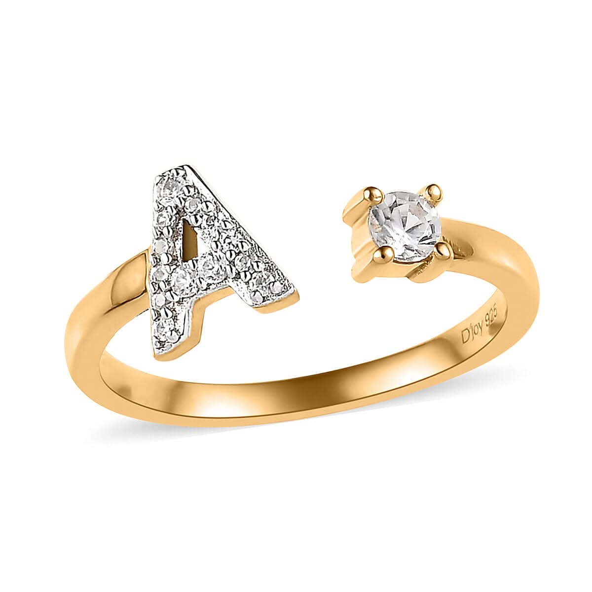 Natural White Zircon Initial A Open Band Ring in Vermeil Yellow Gold Over Sterling Silver 0.30 ctw