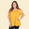 TAMSY Yellow Blouse with Cold Shoulder and Floral Ruffle Sleeve - L - Sticky add to cart bar