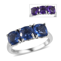 Color Change Fluorite 3 Stone Ring in Platinum Over Sterling Silver 3.35 ctw