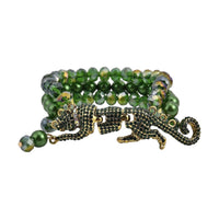 Simulated Black Pearl and Multi Gemstone Multi Row Bracelet with Leopard Charm in Goldtone (7.5-9.5In)