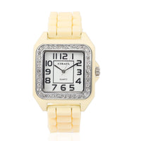STRADA White Austrian Crystal Japanese Movement Ladies Watch White Square Dial and Chestnut Silicone Strap