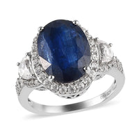 Kashmir Kyanite and Natural White Zircon Halo Ring in Platinum Over Sterling Silver (Size 10.0) 10.40 ctw (Delivery in 3-5 Business Days)
