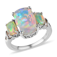 Premium Ethiopian Welo Opal and Natural Champagne Diamond Ring in Platinum Over Sterling Silver (Size 10.0) 3.25 ctw
