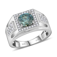 Blue and White Moissanite Men's Ring in Rhodium Over Sterling Silver 7.50 Grams 2.40 ctw