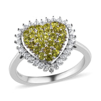 Italian Natural Vesuvianite and Natural White Zircon Heart Ring in Platinum Over Sterling Silver 1.10 ctw
