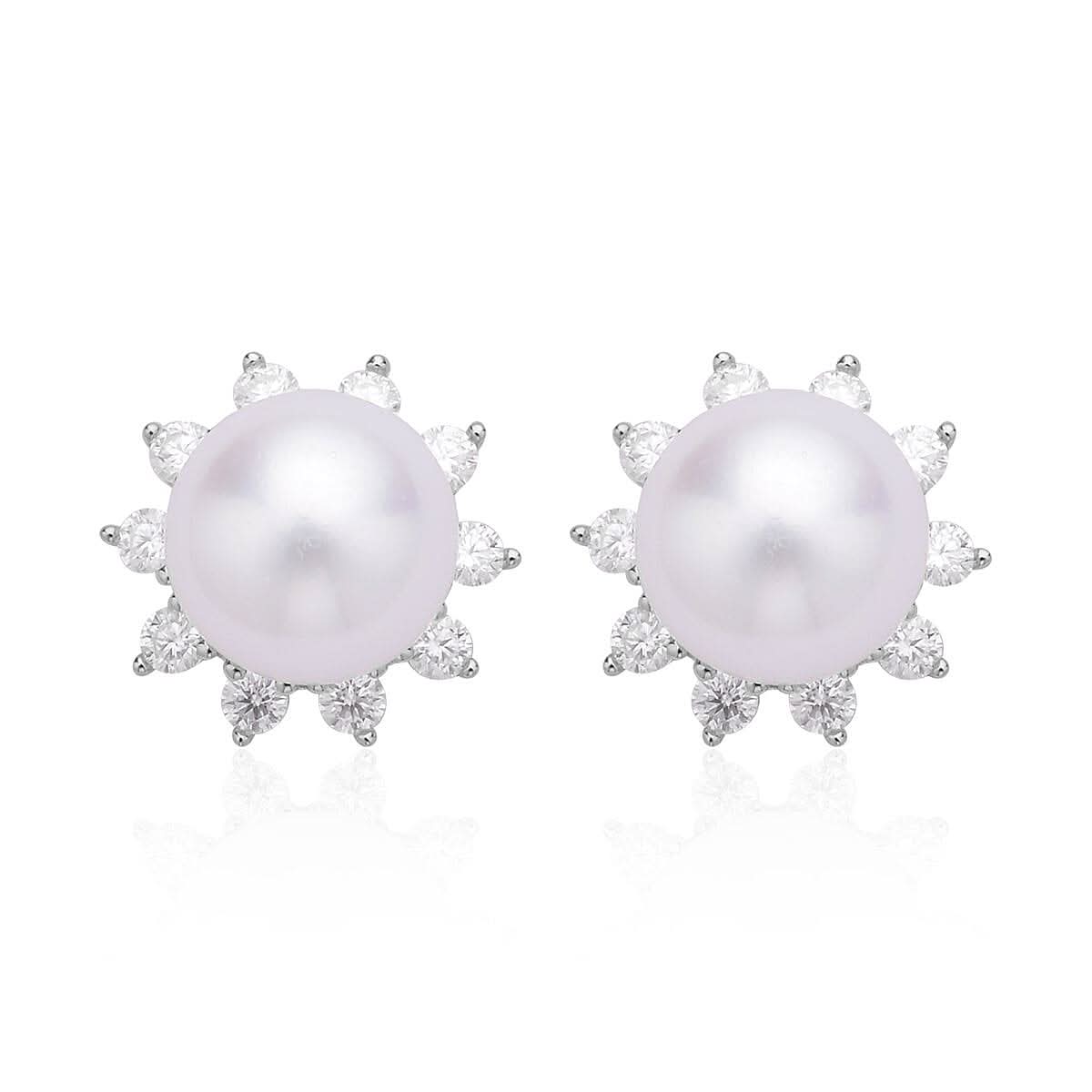 White Edison Pearl 10-11mm and Moissanite Stud Earrings in Sterling Silver 1.20 ctw