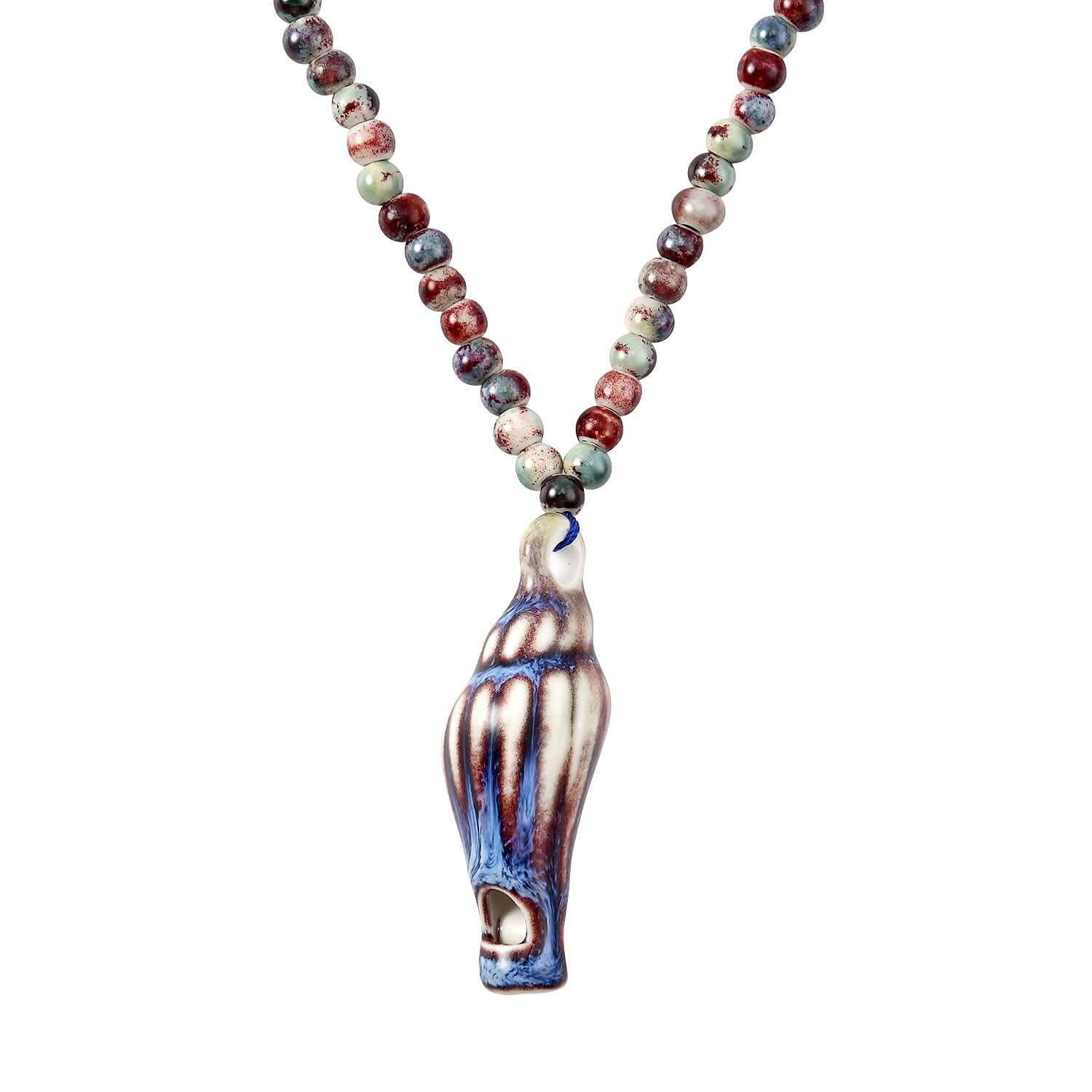 Multi Color Ceramic Beaded Whistle Pendant Necklace in Silvertone 22-24 Inches