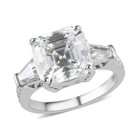 Step Cut Moissanite (Oct 10x10mm) Ring in Platinum Over Sterling Silver (Size 10.0) 6.25 ctw