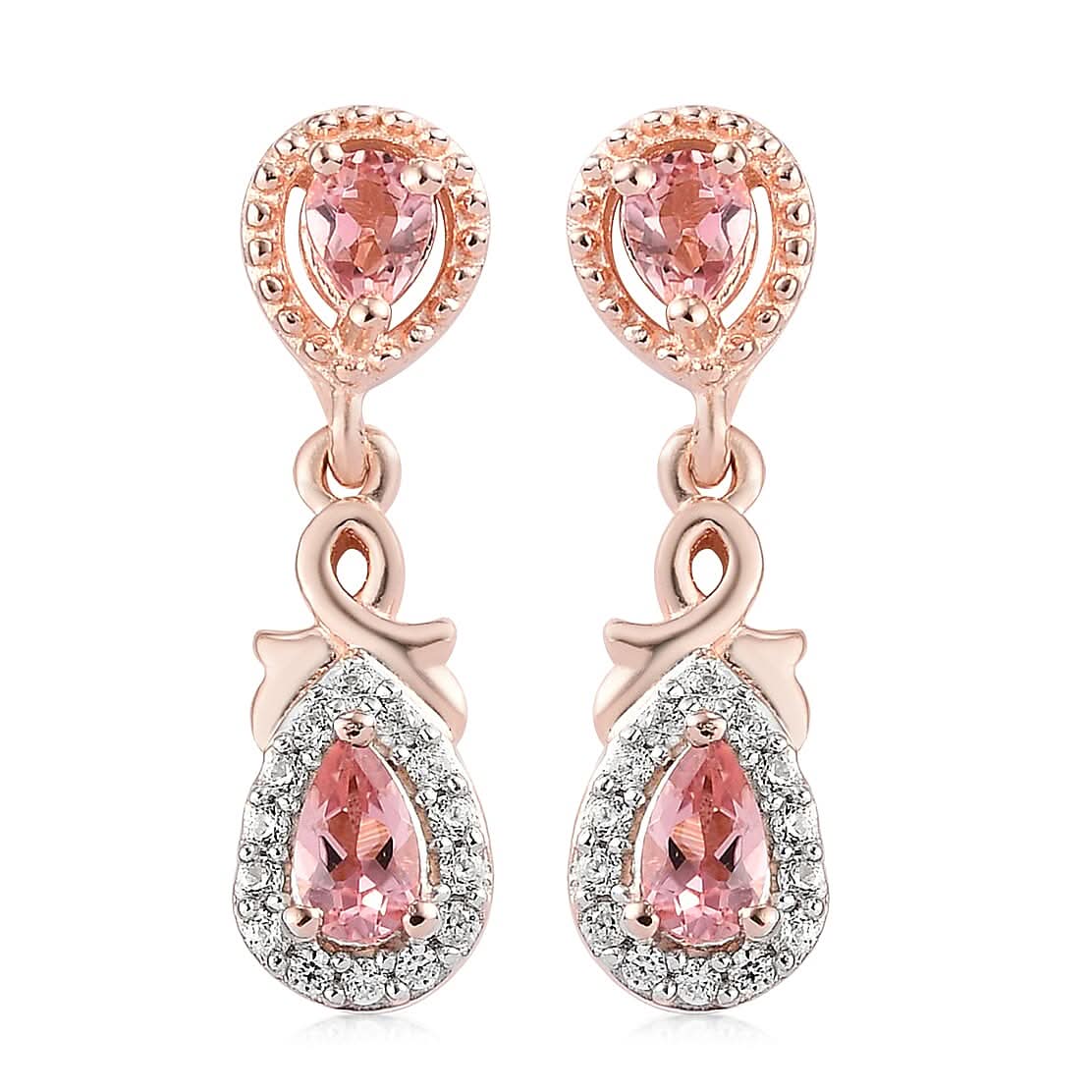 Natural Blush Tourmaline and Natural White Zircon Dangle Earrings in Vermeil Rose Gold Over Sterling Silver 1.00 ctw