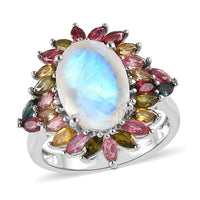 Premium Rainbow Moonstone and Multi-Tourmaline Floral Ring in Platinum Over Sterling Silver (Size 10.0) 8.50 ctw