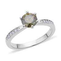 Olive Green and White Moissanite Ring in Rhodium Over Sterling Silver 1.15 ctw