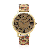 STRADA Japanese Movement Brown Dial Bracelet Watch in Goldtone with Brown Leopard Pattern Strap