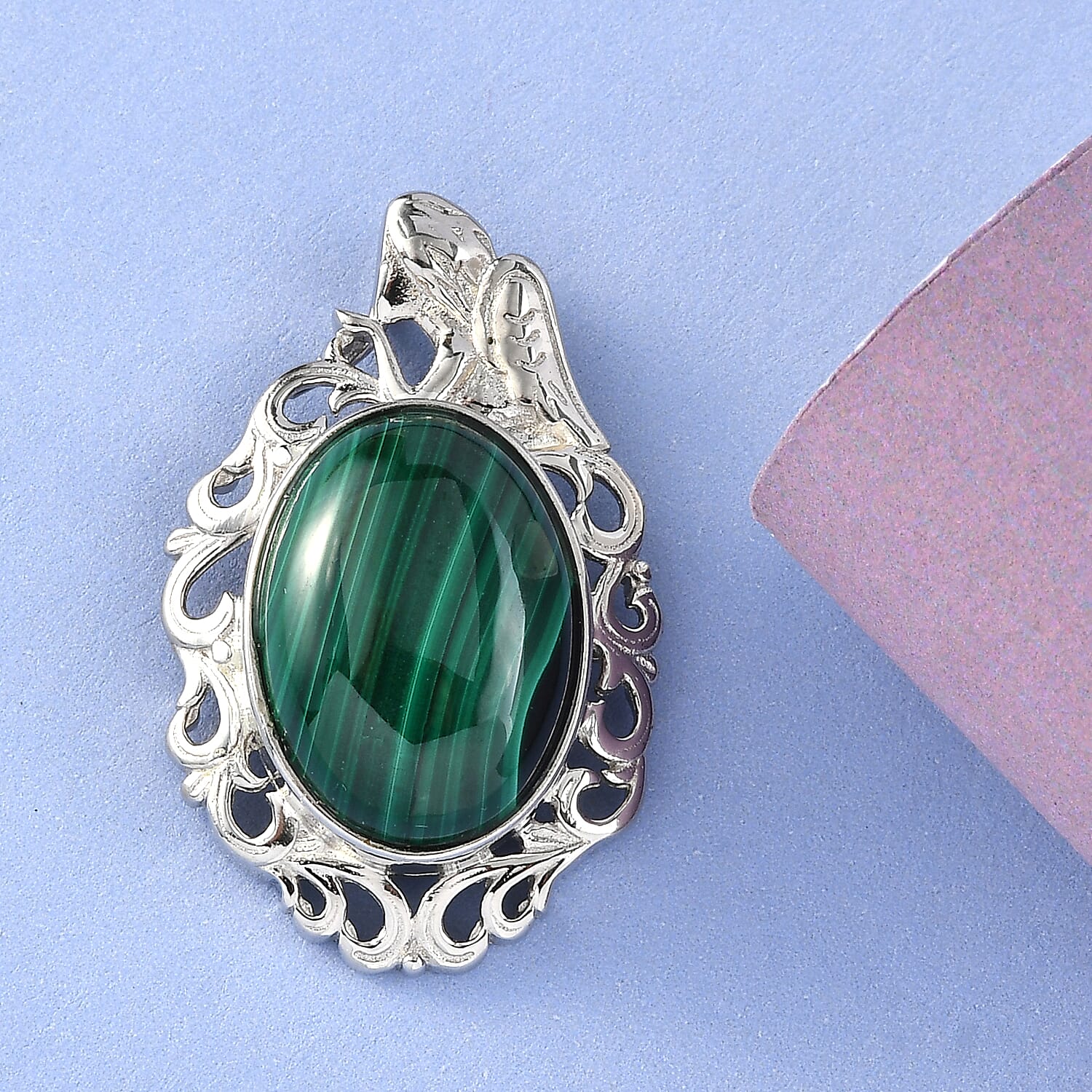 African Malachite Solitaire Pendant in Platinum Over Copper with Magnet 14.50 ctw (2)