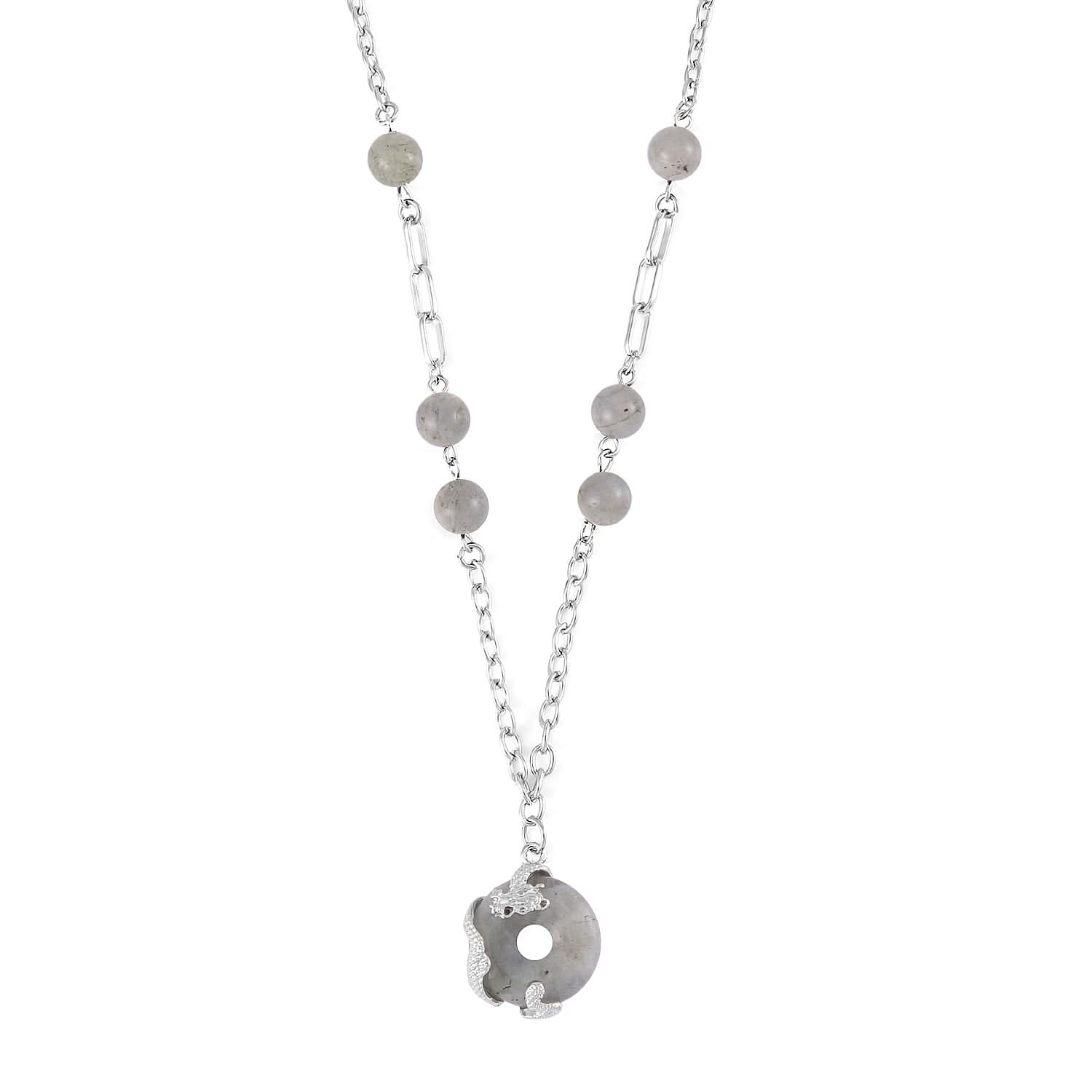 Malagasy Labradorite Dragon Pendant Necklace 20-22 Inches in Silvertone 18.00 ctw