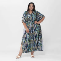 Tamsy Multi Color Square Printed Long Kaftan With Pocket One Size 100 % Polyester