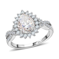Moissanite (Pear 9x7mm) Split Shank Ring in Platinum Over Sterling Silver (Size 10.0) 2.15 ctw
