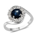 Thai Blue Star Sapphire, Natural White Zircon Halo Ring in Platinum Over Sterling Silver 2.10 ctw - Sticky add to cart bar