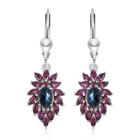 Blue Star Sapphire (DF) and Orissa Rhodolite Garnet Lever Back Earrings in Platinum Over Sterling Silver 5.85 ctw