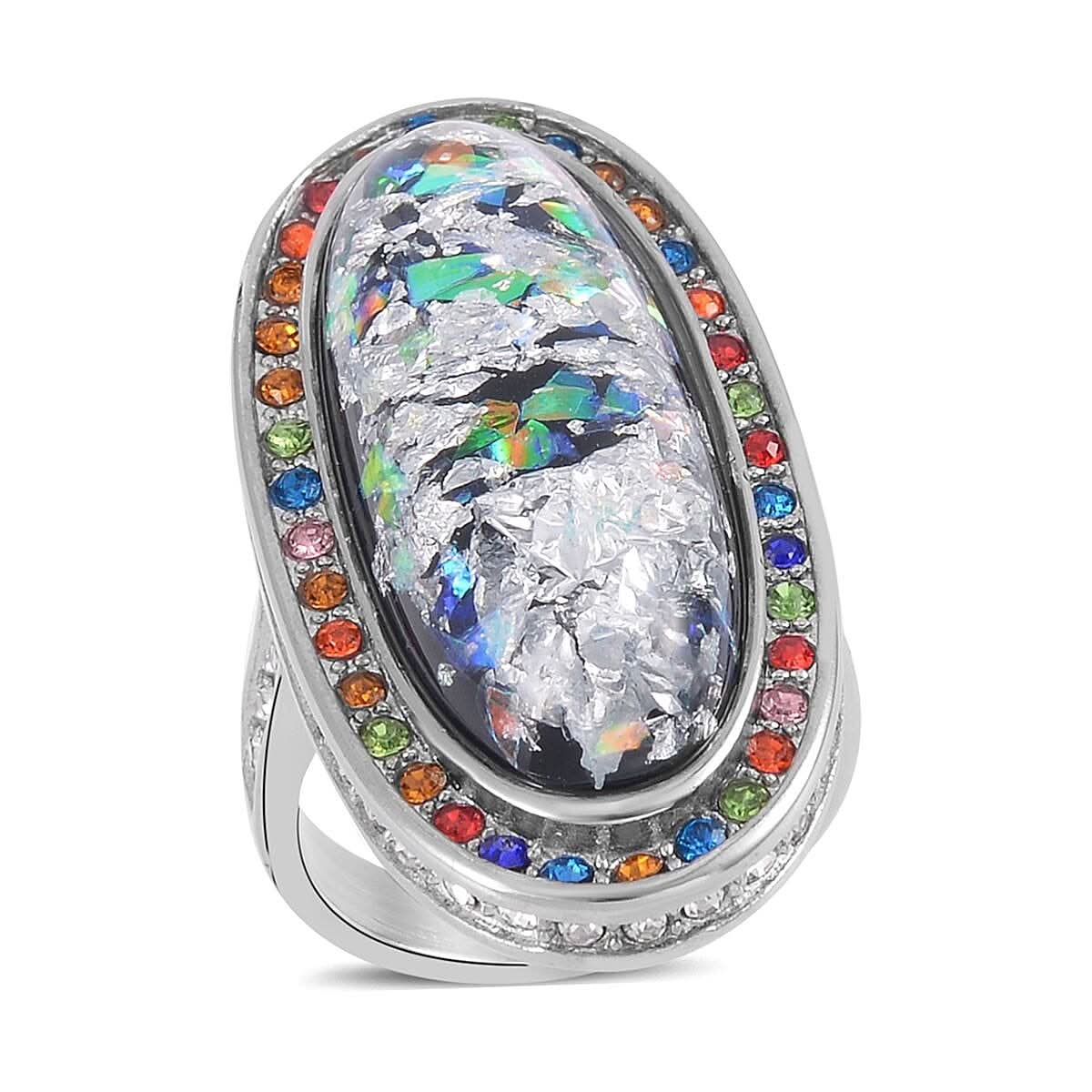 Lab Created Opal and Multi Color Austrian Crystal Ring in Stainless Steel 5.00 ctw