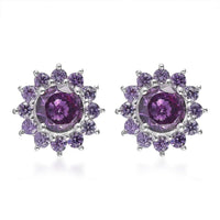 Simulated Amethyst Diamond Floral Stud Earrings in Sterling Silver 3.85 ctw