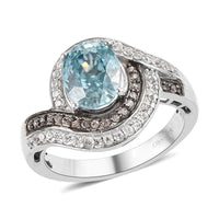 Cambodian Blue Zircon, Natural Champagne and White Zircon Ring in Platinum Over Sterling Silver 4.10 ctw (Delivery in 3-5 Business Days)