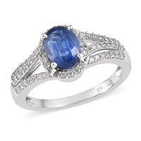 Kashmir Kyanite and Natural White Zircon Split Shank Ring in Platinum Over Sterling Silver 2.50 ctw